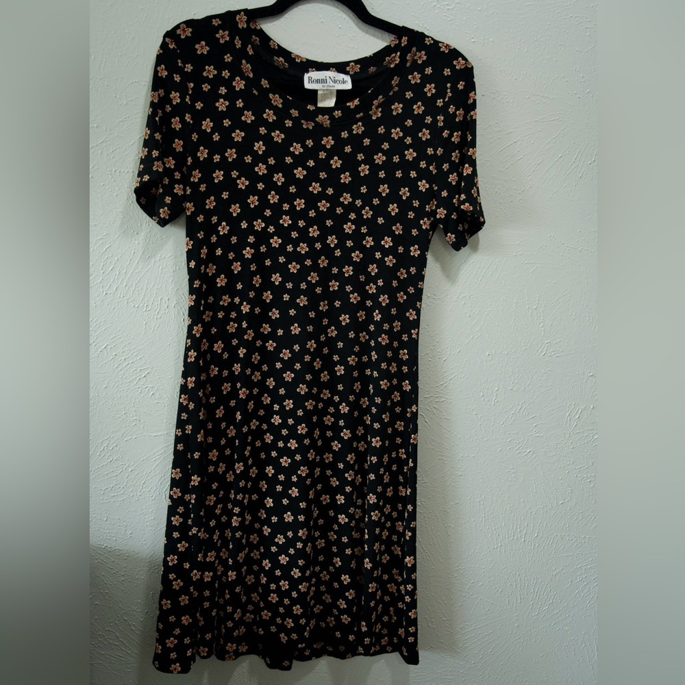 Ronni Nicole Black Dress with Orange Floral Print - mini